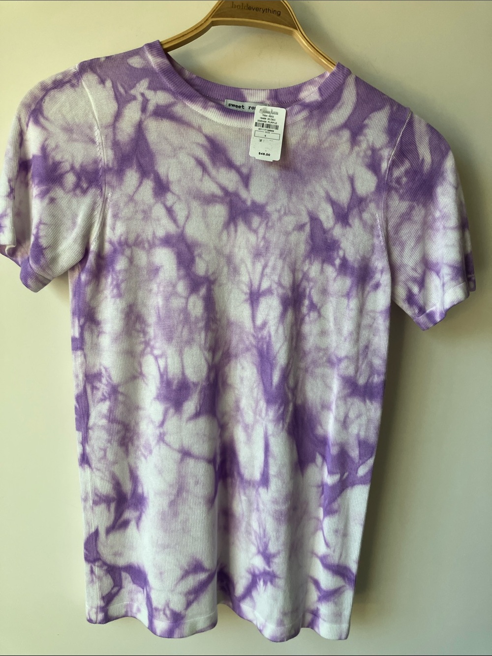 SWEET ROMEO Purple+White Tie-Dye Short Sleeve Rayon Fine Knit Tee Women’s S NWT